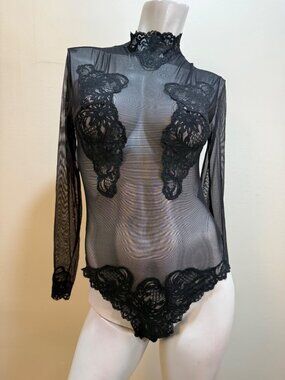 Guy Laroche  Sheer Lace Bodysuit Whimsigoth Soft Grunge VTG 1980s Union ILGW LG